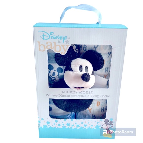 NEW DISNEY MICKEY MOUSE 2-Piece Muslin Swaddles & 1 Ring Rattle UNISEX - Picture 3 of 16